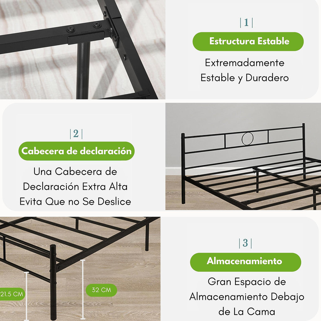 Base de Cama Matrimonial de Metal Negro con Cabecero