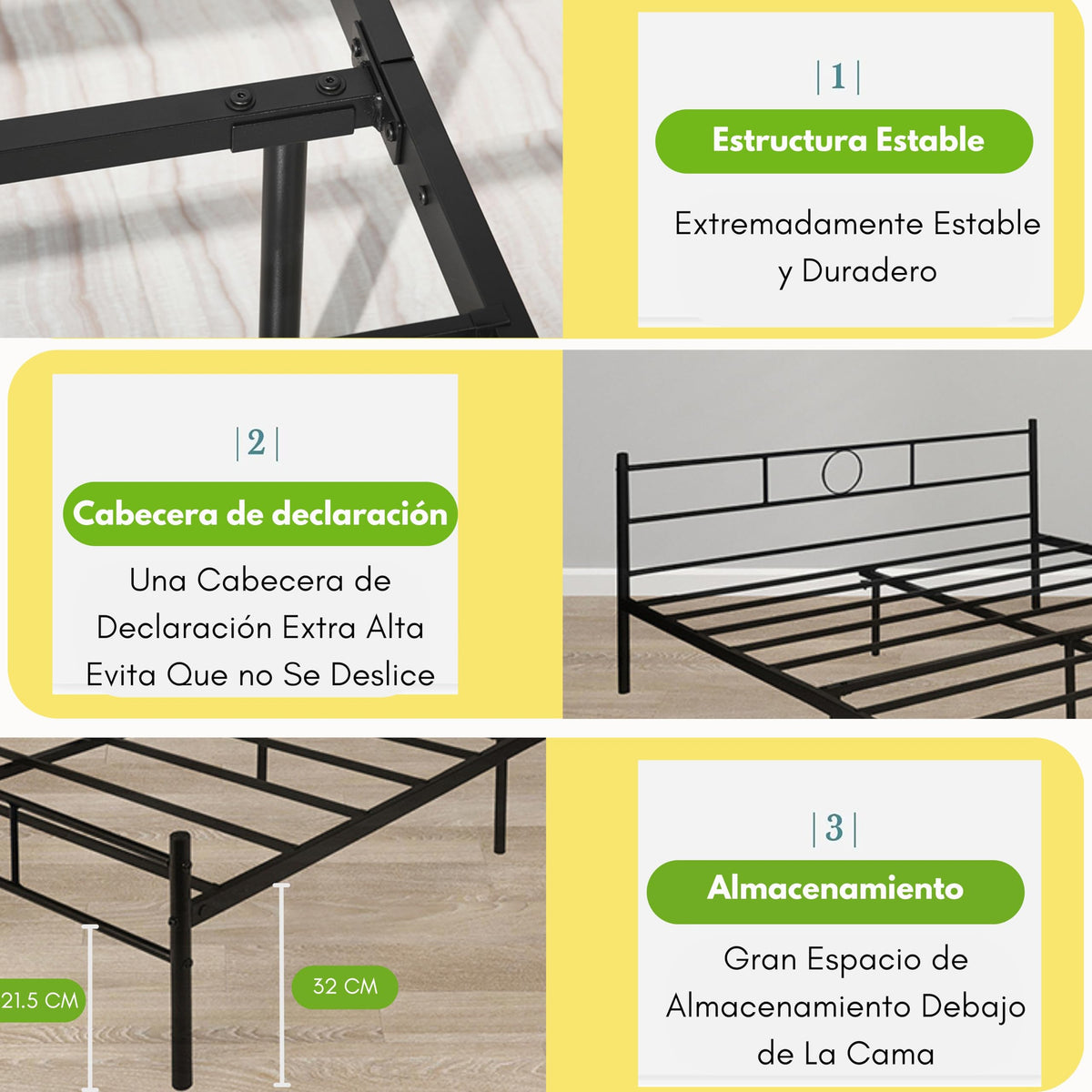 Base de Cama Individual de Metal Negro con Cabecero