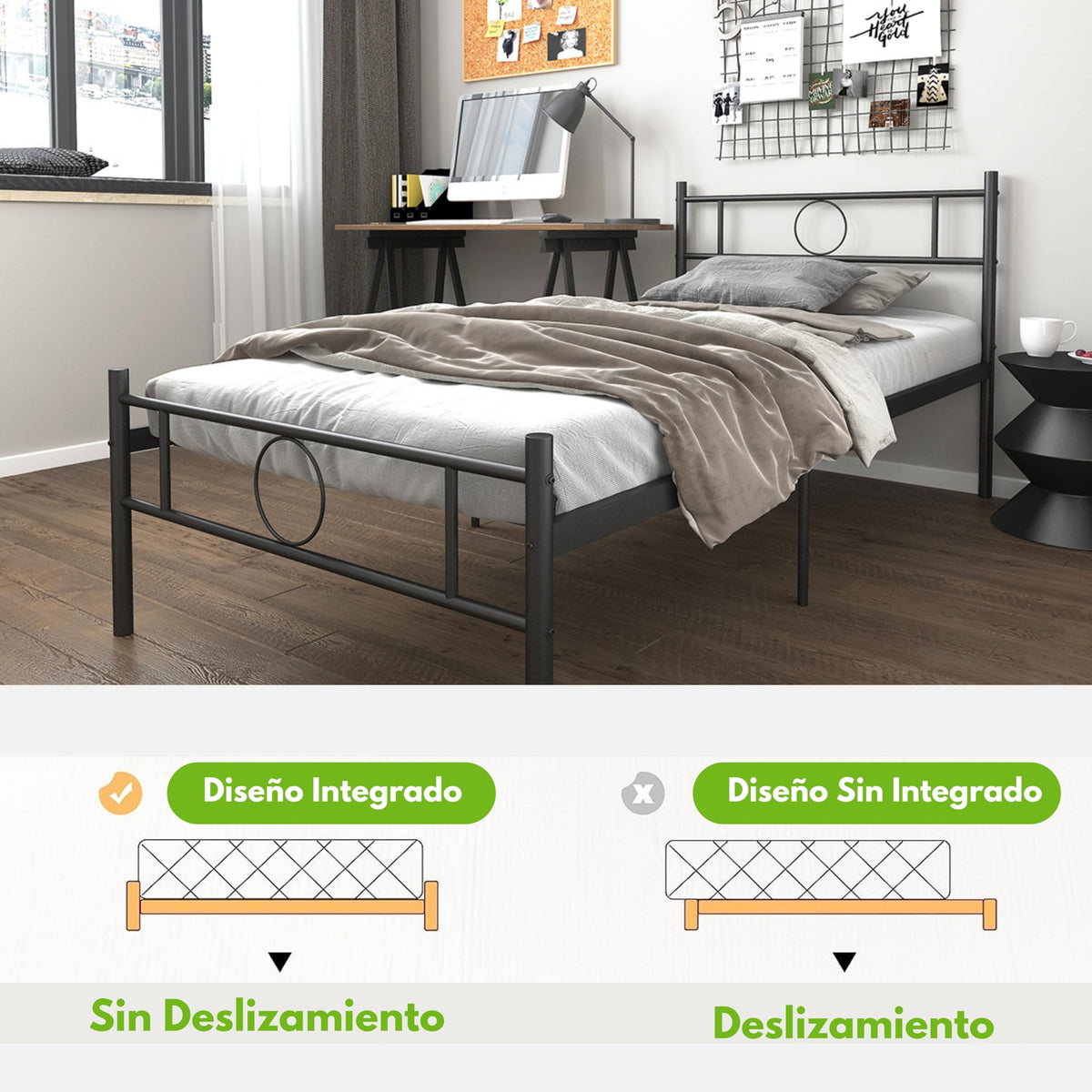 Base de Cama Individual de Metal Negro con Cabecero