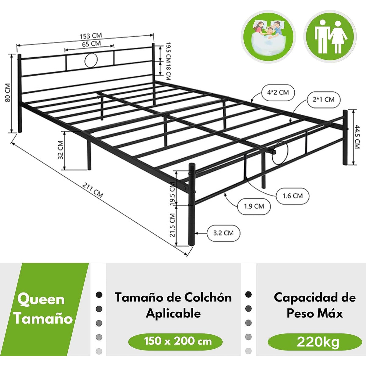 Base de Cama Matrimonial de Metal Negro con Cabecero