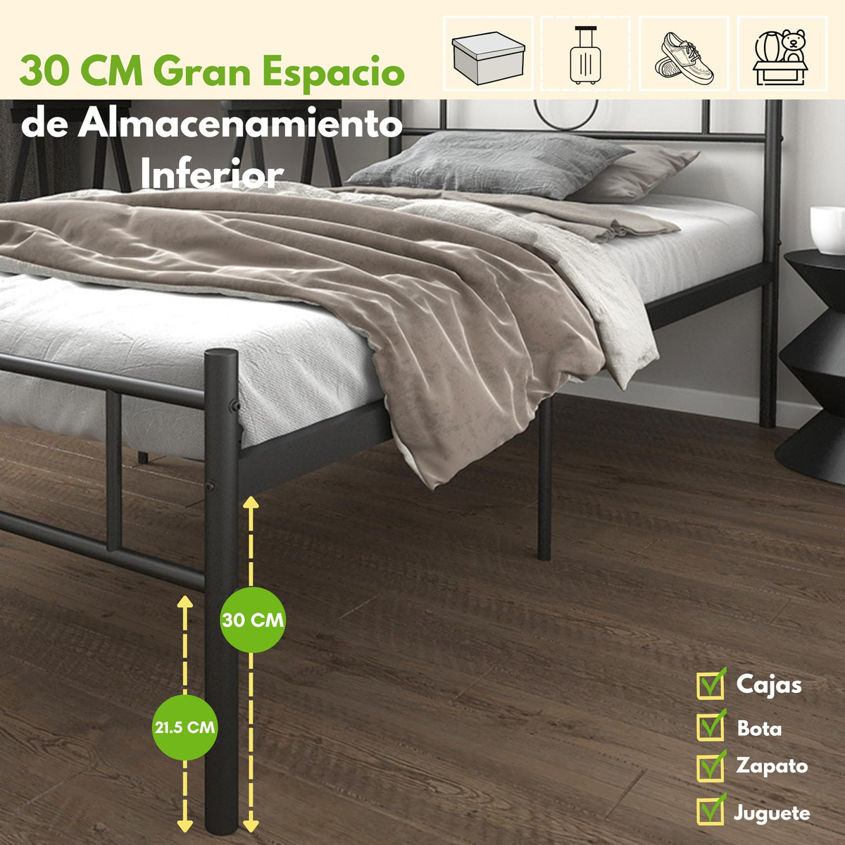 Base de Cama Individual de Metal Negro con Cabecero
