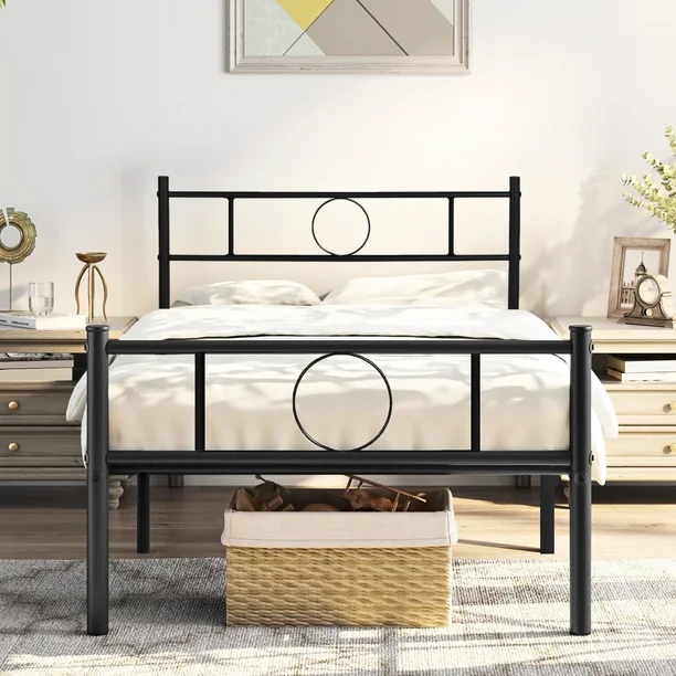 Base de Cama Individual de Metal Negro con Cabecero