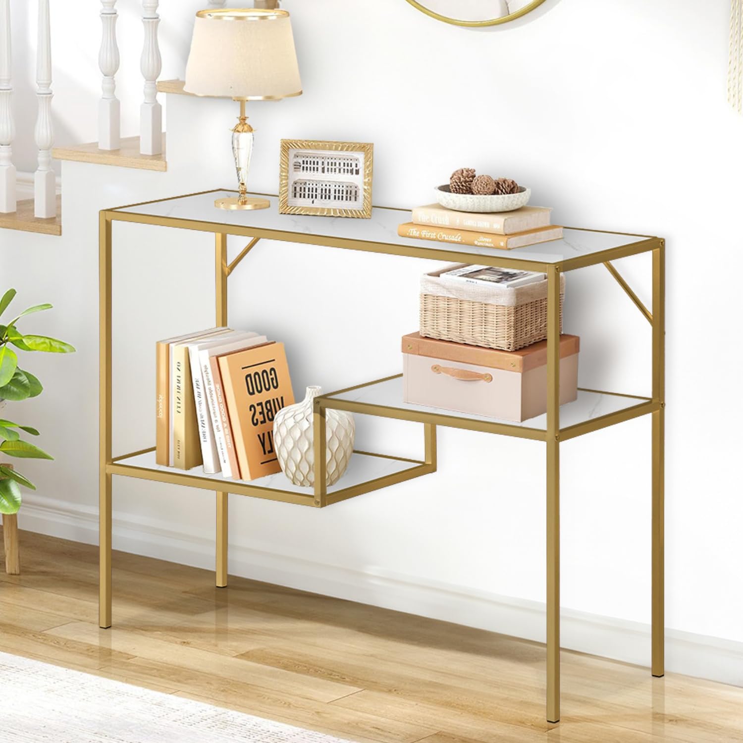 Mesa Consola Dorado 100 cm Mesa de Entrada Moderna 3 Niveles Darrison