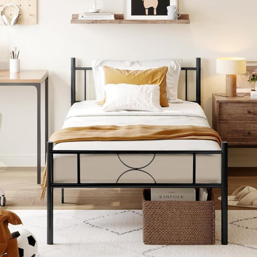 Base de Cama Individual de Metal con Cabecera y Almacenamiento – Negra