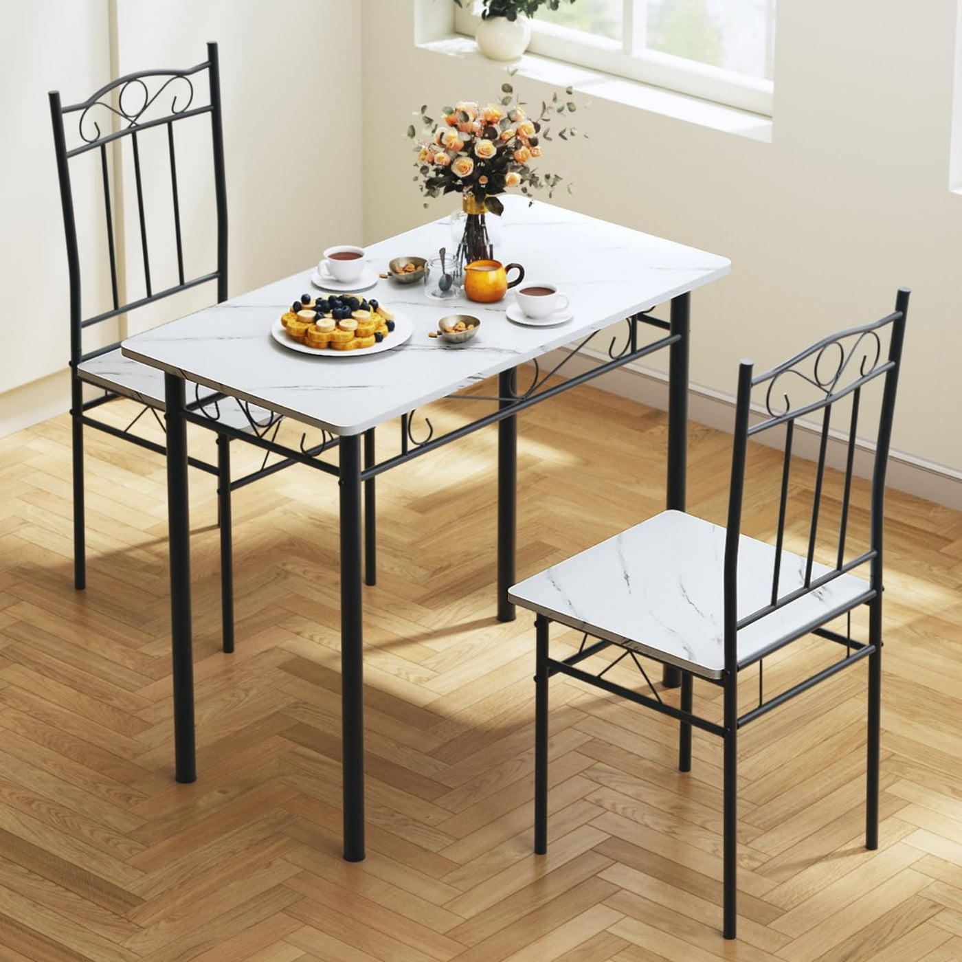 [1Mesa+2Sillas] Mesa de Comedor Mármol con 2 Sillas, Moderna Comedor 2 en 1 Mesa y Silla para 2 Personas WH