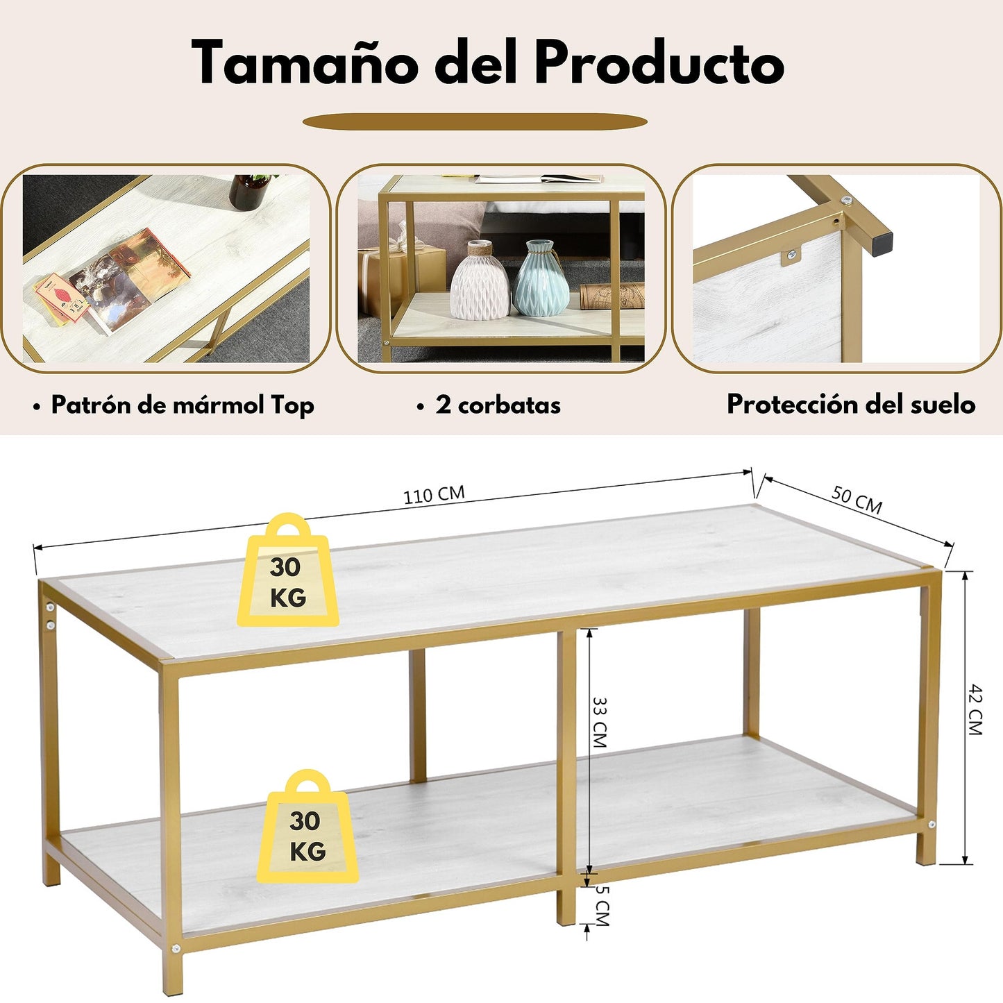 NUEVO Mesa de Centro Rectangular para Sala Mesa de Centro M¨¢rmol Blanco con un Estante de Almacenamiento 110 cm 2 Niveles JUSTIN