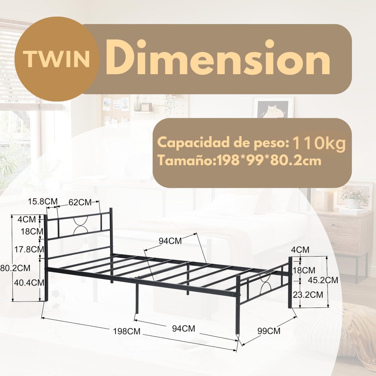 Marco de Cama Twin con Cabecera Colchon Estructura de Cama de Hierro con Almacenamiento,Negro 198CM SANE