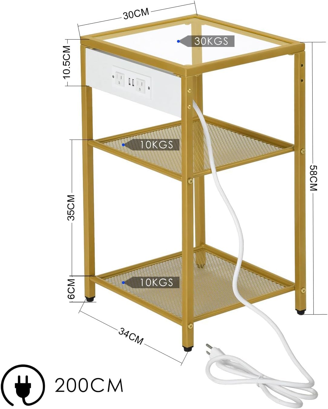 NUEVO Mesa Auxiliar Dorado con Estaci¨®n de Carga Vidrio Templado Con USB LUCKY