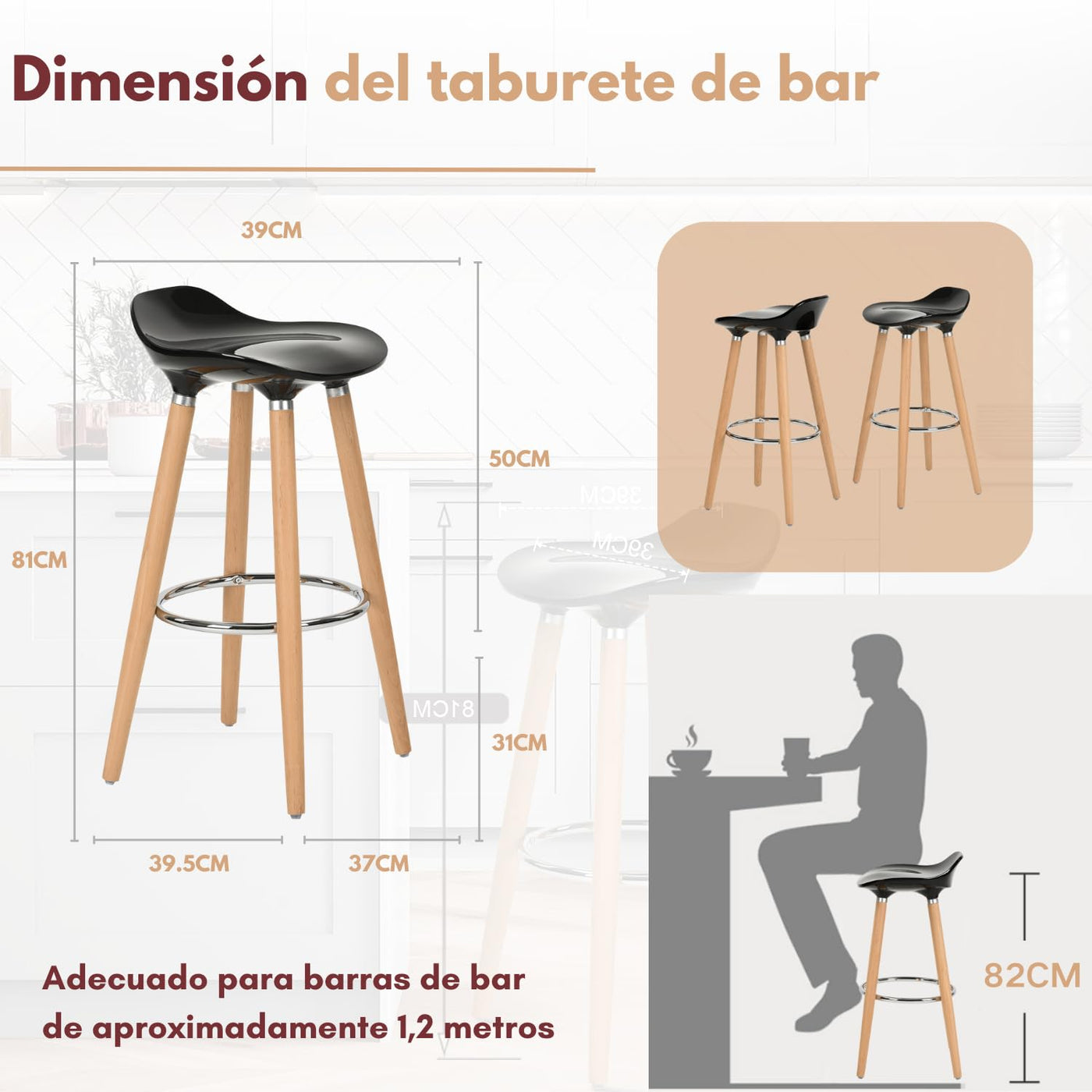 Juego de 2 Taburetes de Bar Banco de Bar de Plástico con Reposapiés Jasmine Black