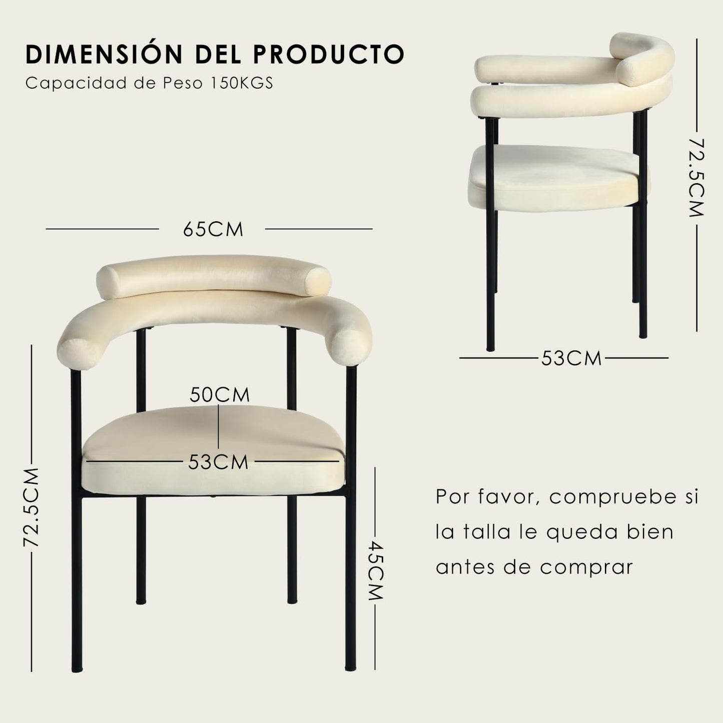 NUEVO Silla de Comedor Tapizadas Silla de Cocina con Respaldo Abierto y Brazos CAMILA Beige