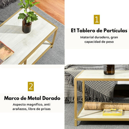 NUEVO Mesa de Centro Rectangular para Sala Mesa de Centro M¨¢rmol Blanco con un Estante de Almacenamiento 110 cm 2 Niveles JUSTIN