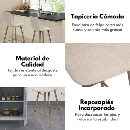 NUEVO Juego de 2 Taburetes de Bar con Respaldo de Terciopelo Beige Scargill
