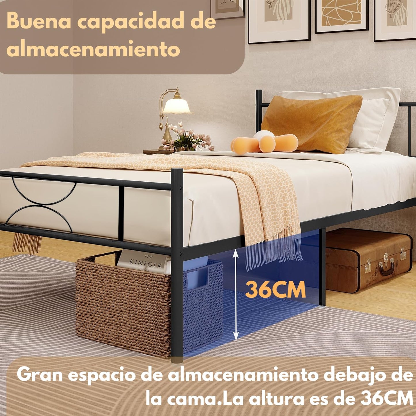 Marco de Cama Twin con Cabecera Colchon Estructura de Cama de Hierro con Almacenamiento,Negro 198CM SANE