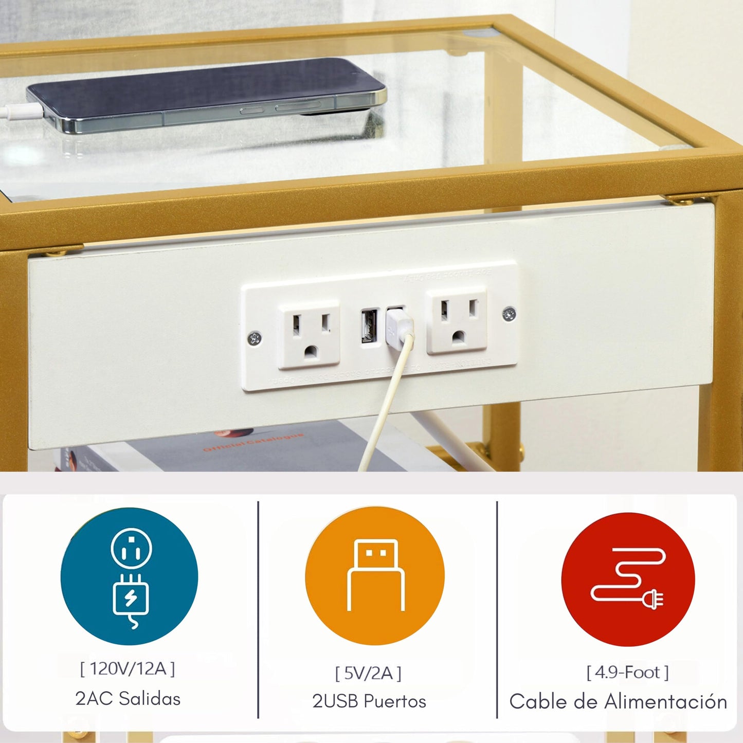 NUEVO Mesa Auxiliar Dorado con Estaci¨®n de Carga Vidrio Templado Con USB LUCKY