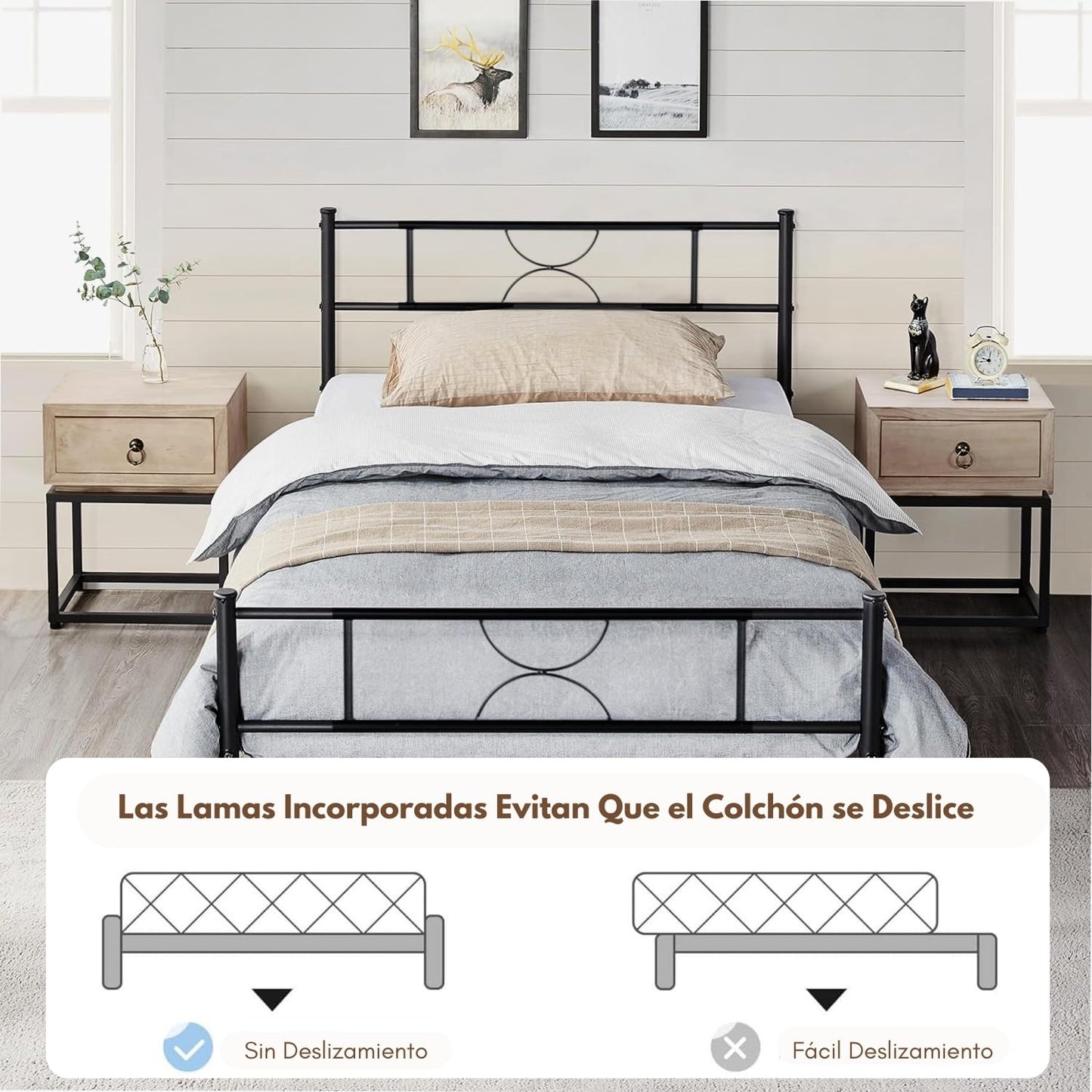 Marco de Cama Twin con Cabecera Colchon Estructura de Cama de Hierro con Almacenamiento,Negro 198CM SANE