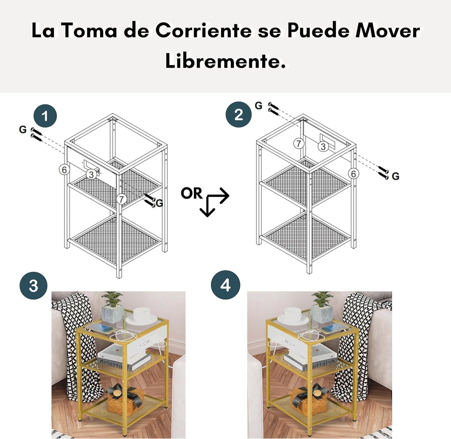 NUEVO Mesa Auxiliar Dorado con Estaci¨®n de Carga Vidrio Templado Con USB LUCKY