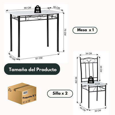 [1Mesa+2Sillas] Mesa de Comedor Mármol con 2 Sillas, Moderna Comedor 2 en 1 Mesa y Silla para 2 Personas WH