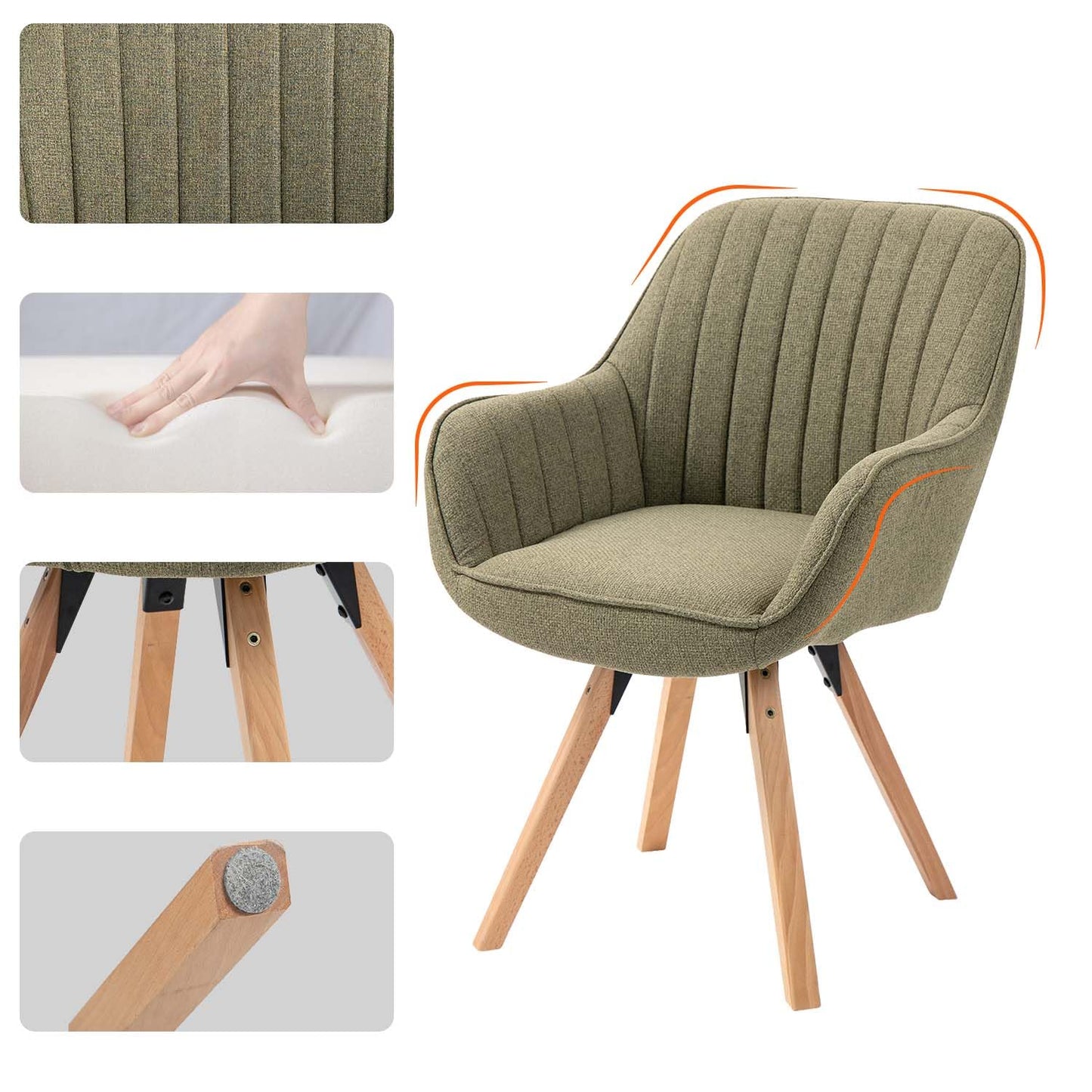 Sillón Individual Verde con Tapizado Silla de Comedor con Pata de Madera con Giro de 360°