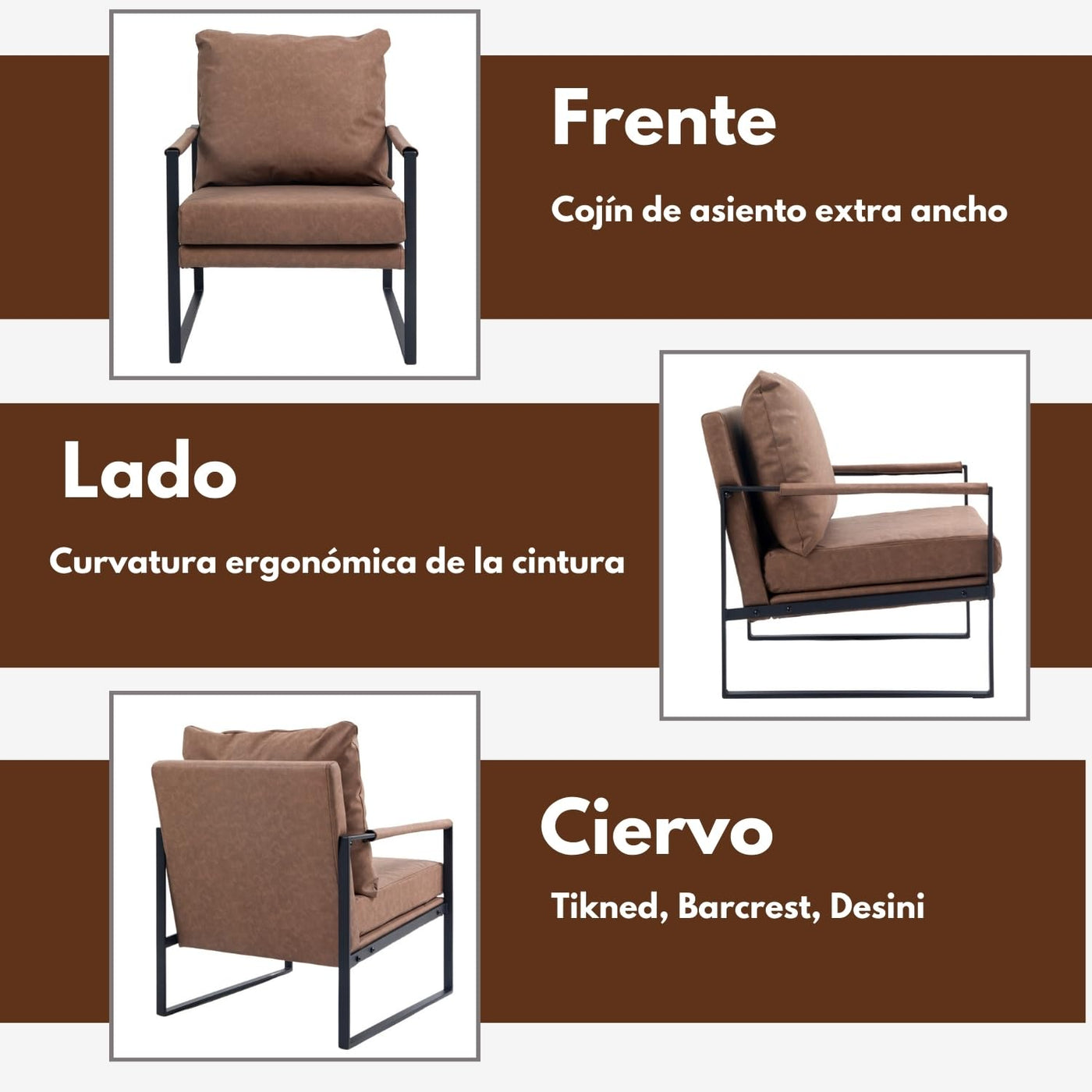 NUEVO Sillon Moderno Silla Individual con Cojin Sillon con Robustos Pies VERLEA BROWN