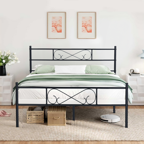 Base de Cama Matrimonial Moderna de Metal Negra con Cabecero