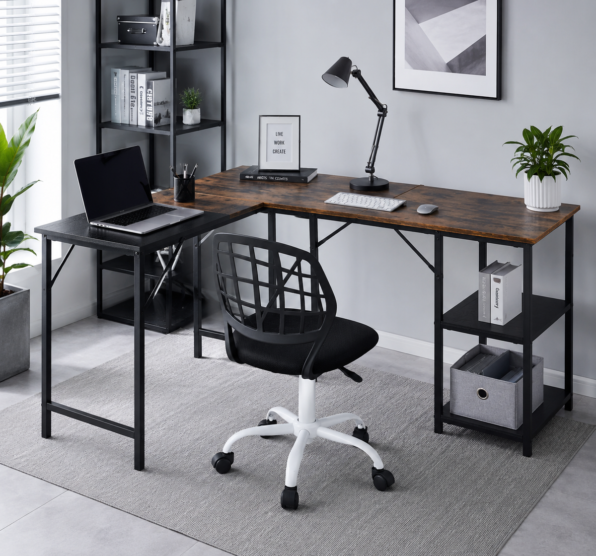 Escritorio en L con Almacenaje + Silla de Oficina Negra