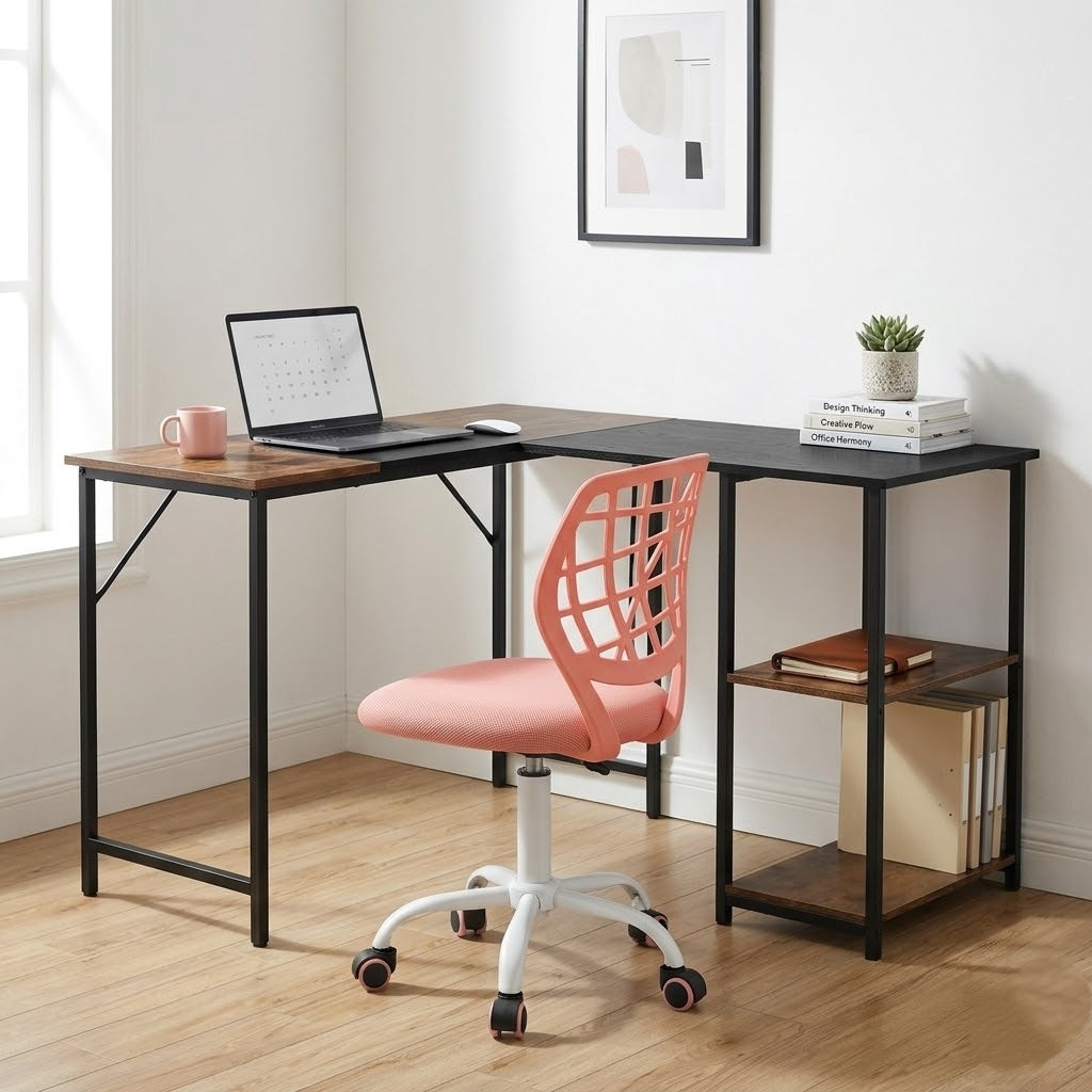 Escritorio en L con Almacenaje + Silla de Oficina Rosa