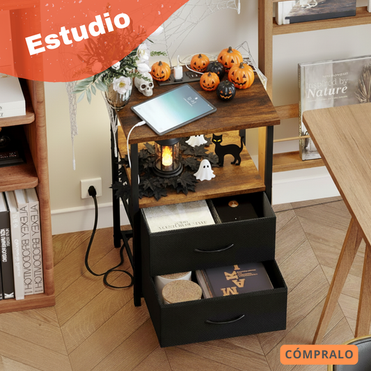 Mesitas de Noche con Luces LED y 2 Puertos USB Marron 1PC